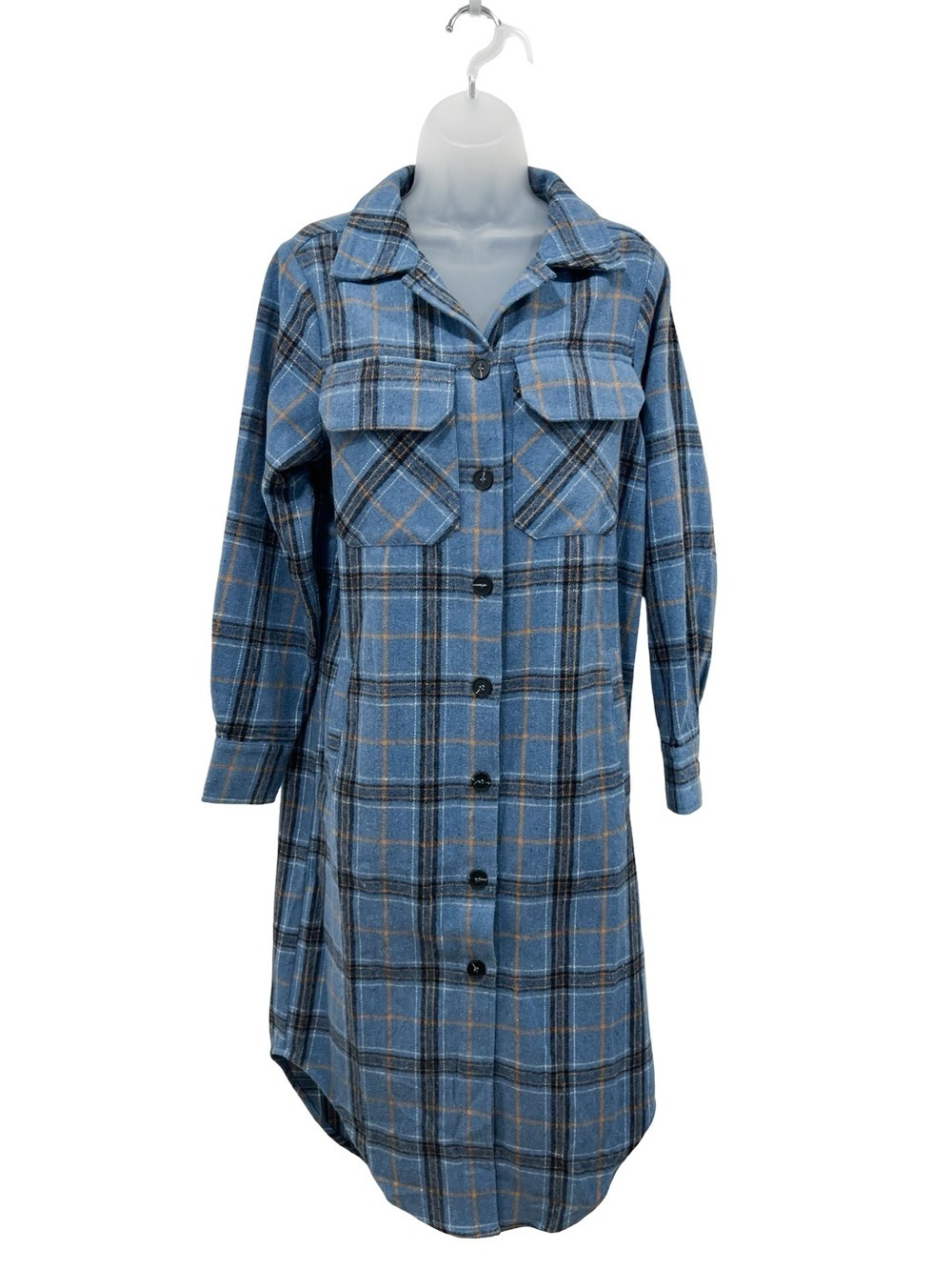 Skylar Rose Blue Plaid Wool Blend Shirt Dress Shacket Midi Button Front women S